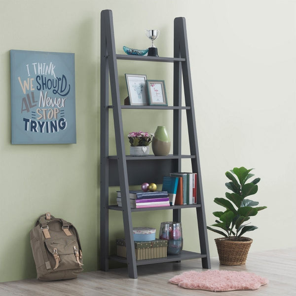 Zinsom 5 Tier Ladder Bookcase Shelving Unit 175cm in Dark Grey