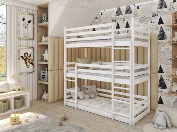 Concord Large Triple Deck Wooden single bunk bed with safety Ladder in 4 colours