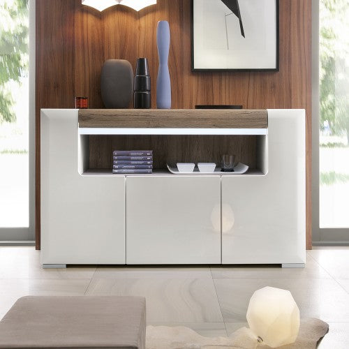 Luscanny 3 Door Sideboard with open shelving with Plexi Lightining in High Gloss White