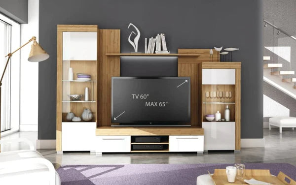 Luscanny Navella Polished Wooden Wall Entertainment Display Unit with Drawer Cabinets 280cm