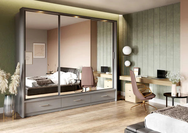 Zinsom Large Modern Mirrored 3 Door Wardrobe with 3 Drawers and LED in 3 Colours 250cm