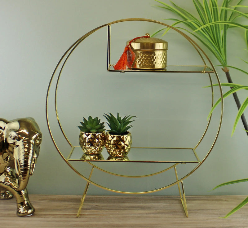 Round Gold Metal Freestanding Shelving Unit With Mirrored Shelves