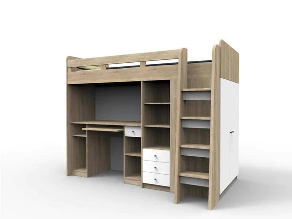 Luscanny Large Wooden single bunk bed & wardrobe with safety Ladder & Office Desk in 2 colours