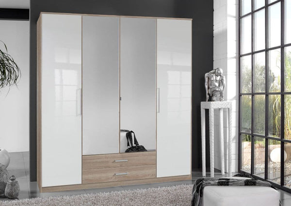 Leranzo 4 Door large White Polished Oak & Mirrored High Gloss Wardrope 200cm