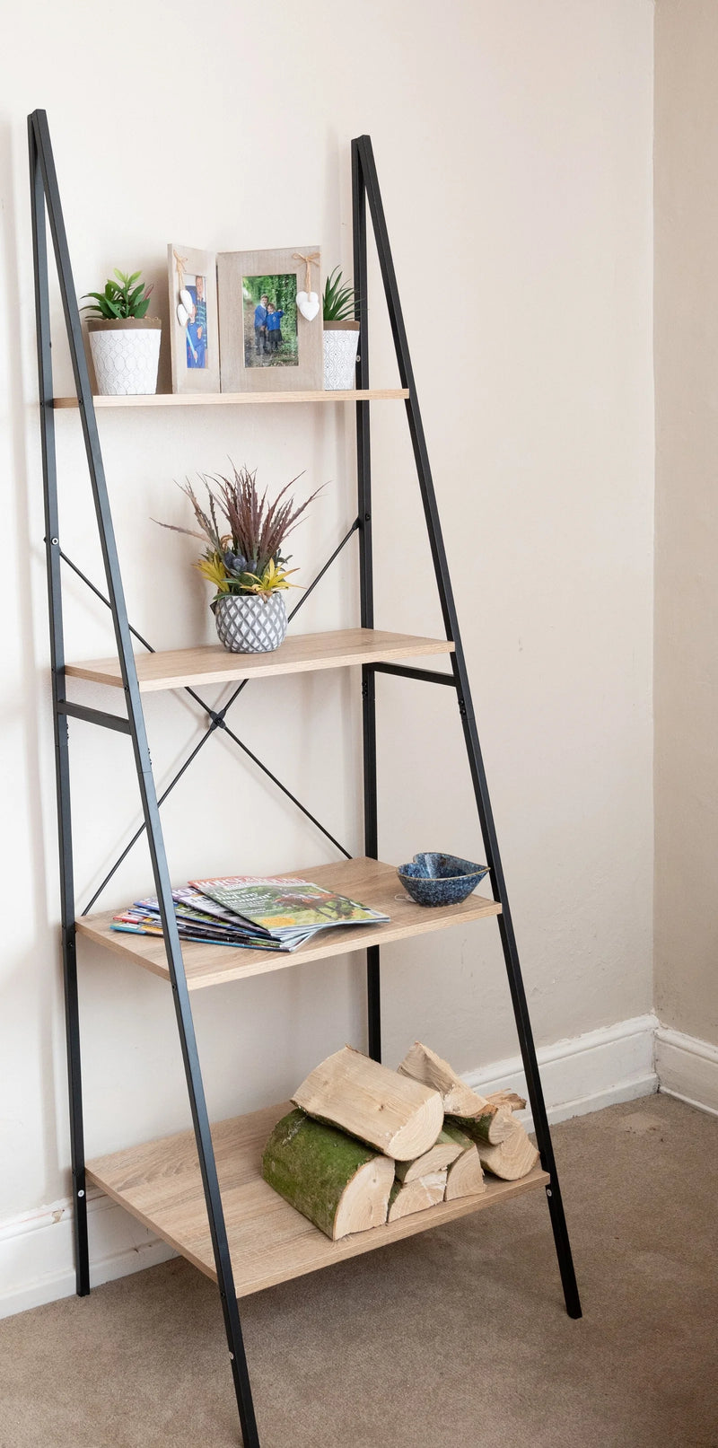 4 Tier Tall Ladder Bookcase Shelf Unit Black Metal Frame Bookcase Shelving Industrial