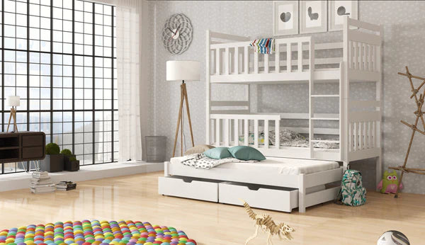 Luscanny Kids Wooden Triple Bunk Bed with Large Storage Drawers & Trudle in 4 Colours With Mattress