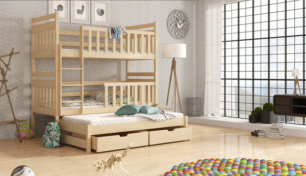 Luscanny Kids Wooden Triple Bunk Bed with Large Storage Drawers & Trudle in 4 Colours With Mattress