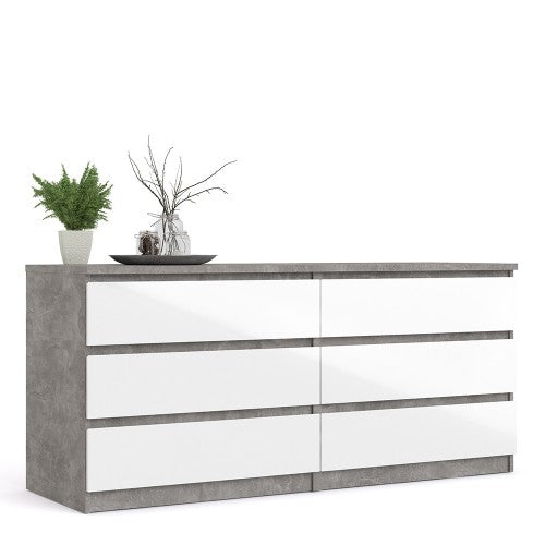 Luscanny Wide Chest of 6 Drawers Concrete High Gloss Storage Cabinet Sideboard White