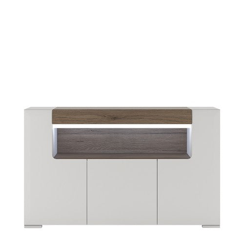 Luscanny 3 Door Sideboard with open shelving with Plexi Lightining in High Gloss White For Living Room