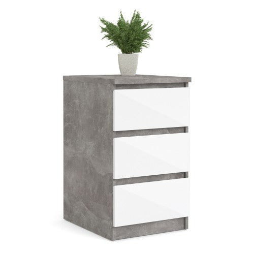Luscanny 3 Drawers Bedside Cabinet Nightstand Table in Concrete White High Gloss Storage Chest