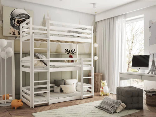 Levvrazae Solid Wood Triple Bunk Bed with Protection Bar Fence for Kids Bedroom