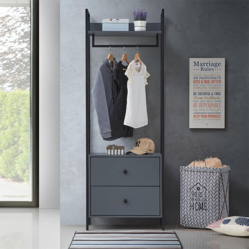 2 Tier Open Wardrobe & 2 Drawers, Coat & Garment Rack Hanging Rail Cloth Rack, Dryer Freestanding Wardrobe For Dressing Room, Bedroom