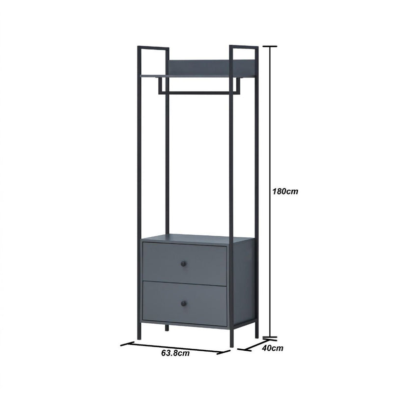 2 Tier Open Wardrobe & 2 Drawers, Coat & Garment Rack Hanging Rail Cloth Rack, Dryer Freestanding Wardrobe For Dressing Room, Bedroom