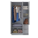 3 Door Wardrobe & Shelves with 2 Drawers 180cm, Modern Wooden Clothes Storage Cupboards for Bedroom with Hanging Rail
