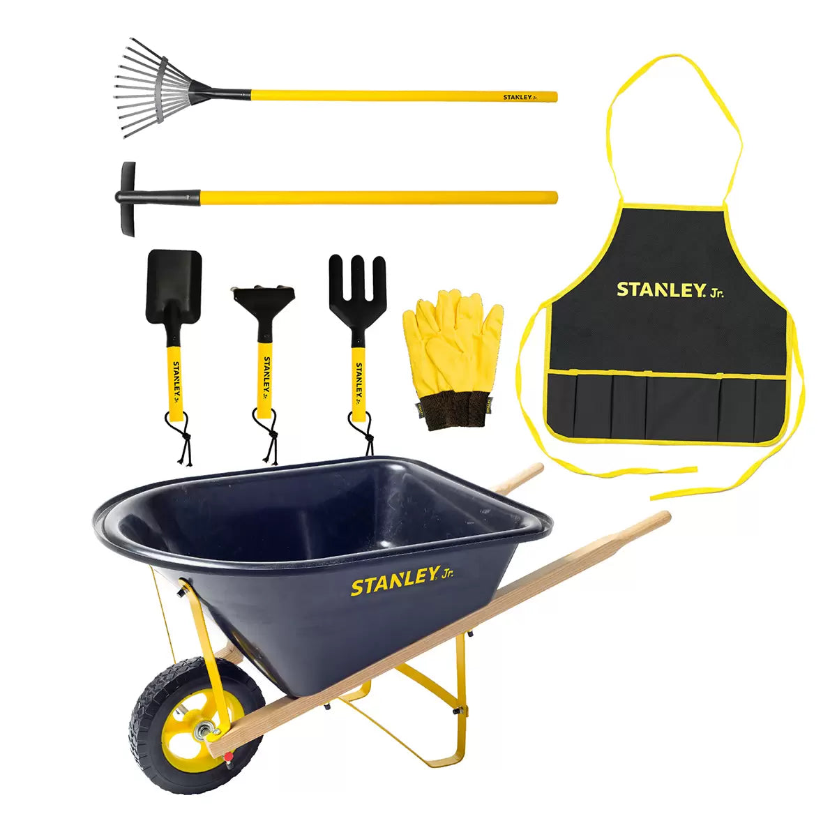 Stanley Jr Wheelbarrow Rake Gloves & Apron 7pc Garden Kids Play Set To