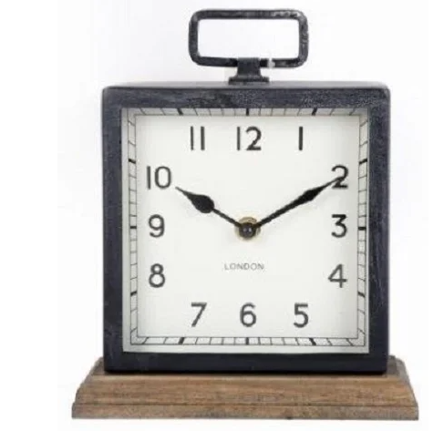 Zinsom Metal Clock Wooden Base Home Decor Distressed Black Square Living Room Office