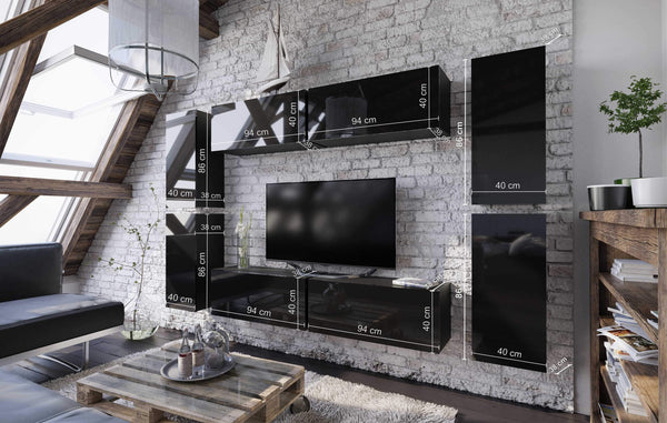 Luscanny 8 High Gloss Wall Mounted Cabinets Entertainment Display Unit in 2 Colours