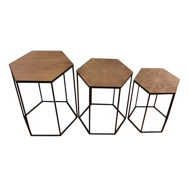 Set Of 3 Black Metal And Wood Hexagonal Side Tables