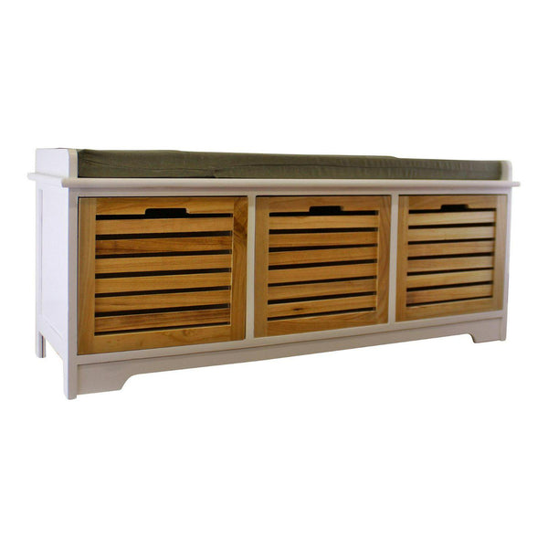 White and Natural 3 Drawer Storage Bench With Grey Cushion