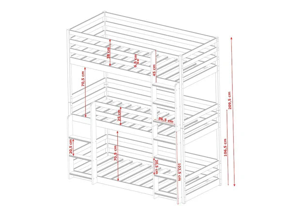 Concord Large Triple Deck Wooden single bunk bed with safety Ladder in 4 colours