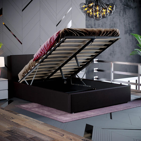 Muvazzi Double Ottoman Faux Leather Bed in Brown With Large Underbed Storage & Headboard