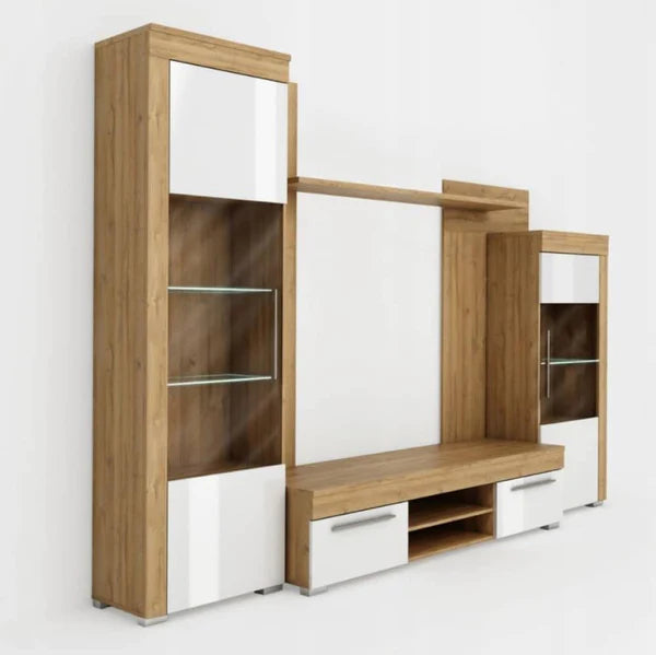 Luscanny Navella Polished Wooden Wall Entertainment Display Unit with Drawer Cabinets 280cm