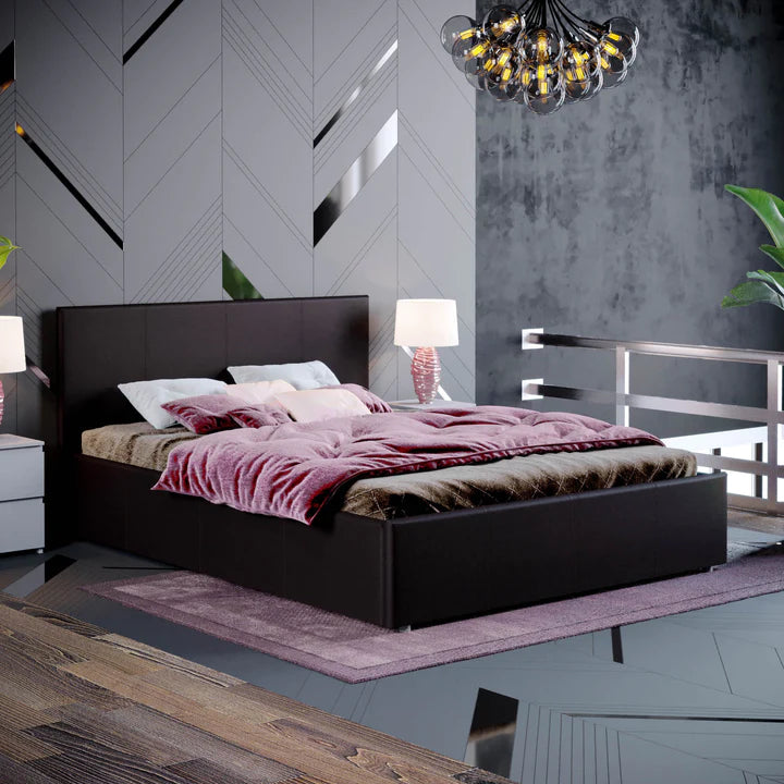 Muvazzi Double Ottoman Faux Leather Bed in Brown With Large Underbed Storage & Headboard