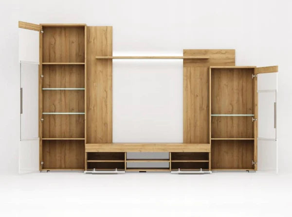 Luscanny Navella Polished Wooden Wall Entertainment Display Unit with Drawer Cabinets 280cm