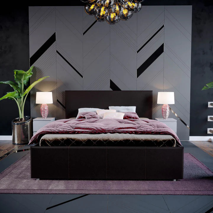 Muvazzi Double Ottoman Faux Leather Bed in Brown With Large Underbed Storage & Headboard