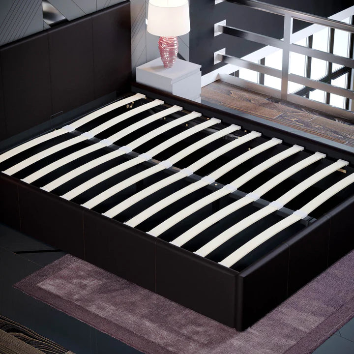 Muvazzi Double Ottoman Faux Leather Bed in Brown With Large Underbed Storage & Headboard