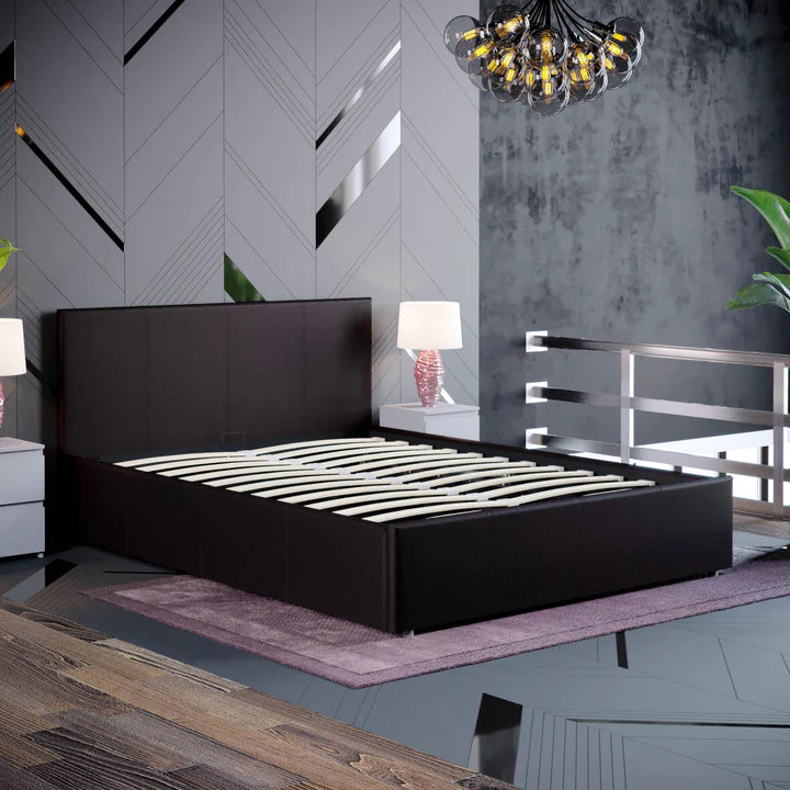 Muvazzi Double Ottoman Faux Leather Bed in Brown With Large Underbed Storage & Headboard