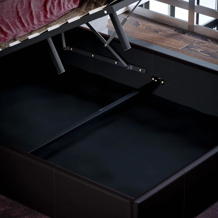 Muvazzi Double Ottoman Faux Leather Bed in Brown With Large Underbed Storage & Headboard