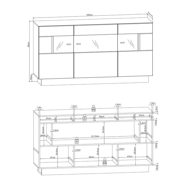 Luscanny Large High Gloss Display Cabinet Sideboard Graphite Grey 160cm