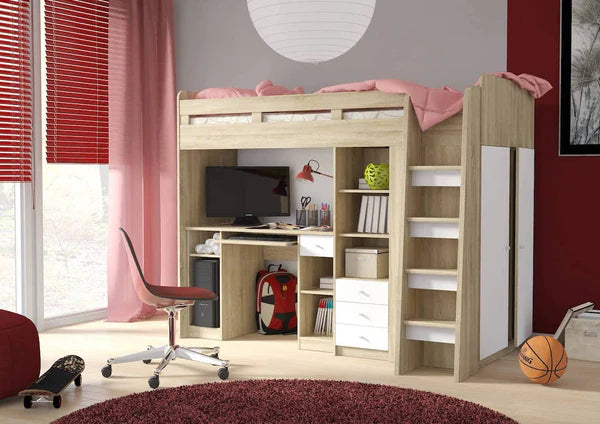 Luscanny Large Wooden single bunk bed & wardrobe with safety Ladder & Office Desk in 2 colours