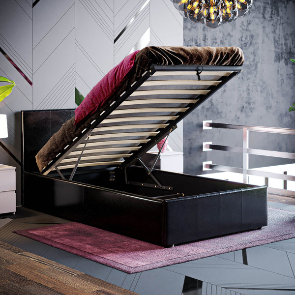 Muvazzi Single Ottoman Faux Leather Bed in Brown With Large Underbed Storage & Headboard
