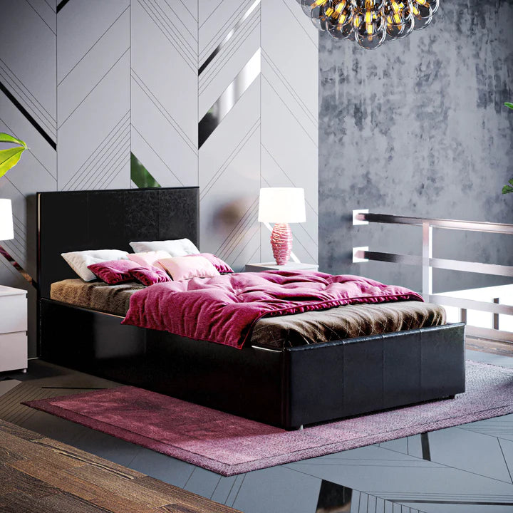 Muvazzi Single Ottoman Faux Leather Bed in Brown With Large Underbed Storage & Headboard