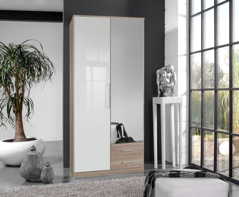 Vezra Mirror Door & Polished Oak Wood Wardrope with 2 Drawer