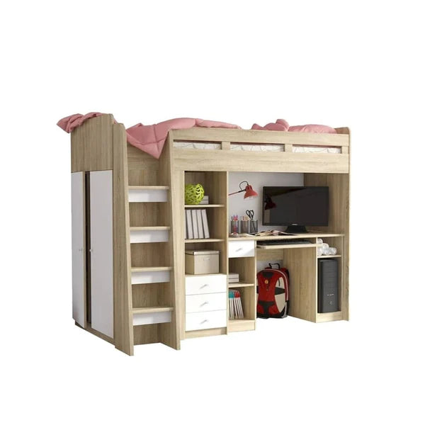 Luscanny Large Wooden single bunk bed & wardrobe with safety Ladder & Office Desk in 2 colours