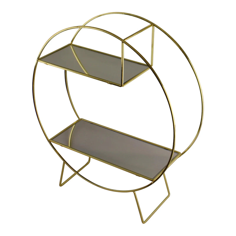 Round Gold Metal Freestanding Shelving Unit With Mirrored Shelves