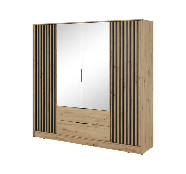 Nezliva Black Striped Polished Wooden Mirror Wardrobe with 4 Doors and 2 Drawers 206cm