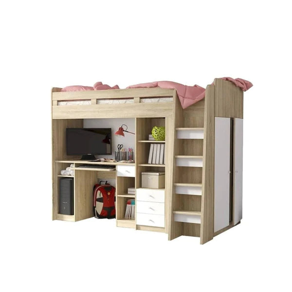 Luscanny Large Wooden single bunk bed & wardrobe with safety Ladder & Office Desk in 2 colours