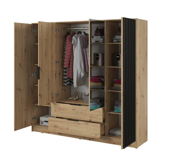 Nezliva Black Striped Polished Wooden Mirror Wardrobe with 4 Doors and 2 Drawers 206cm