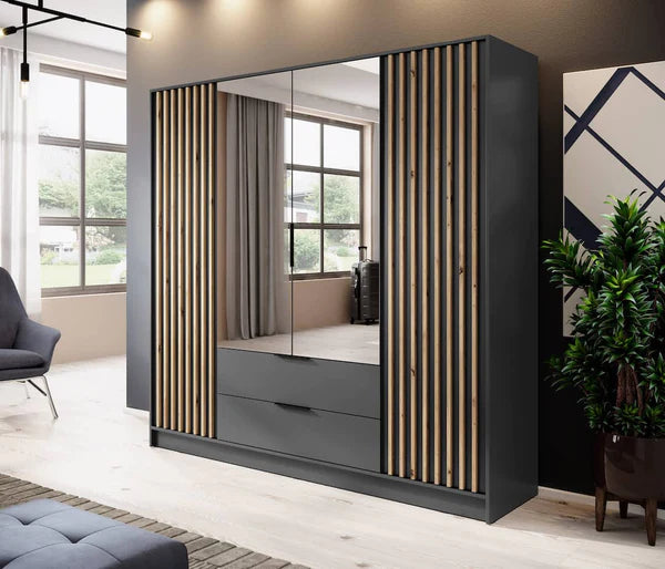 Nezliva Black Striped Polished Wooden Mirror Wardrobe with 4 Doors and 2 Drawers 206cm