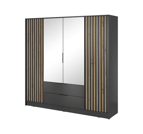 Nezliva Black Striped Polished Wooden Mirror Wardrobe with 4 Doors and 2 Drawers 206cm