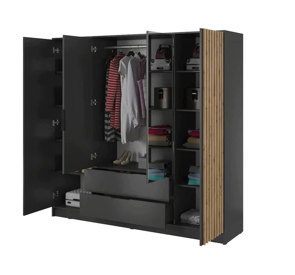 Nezliva Black Striped Polished Wooden Mirror Wardrobe with 4 Doors and 2 Drawers 206cm
