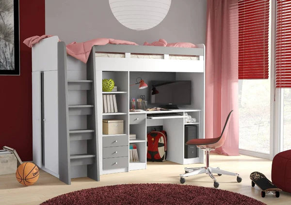 Luscanny Large Wooden single bunk bed & wardrobe with safety Ladder & Office Desk in 2 colours