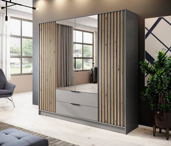 Nezliva Black Striped Polished Wooden Mirror Wardrobe with 4 Doors and 2 Drawers 206cm