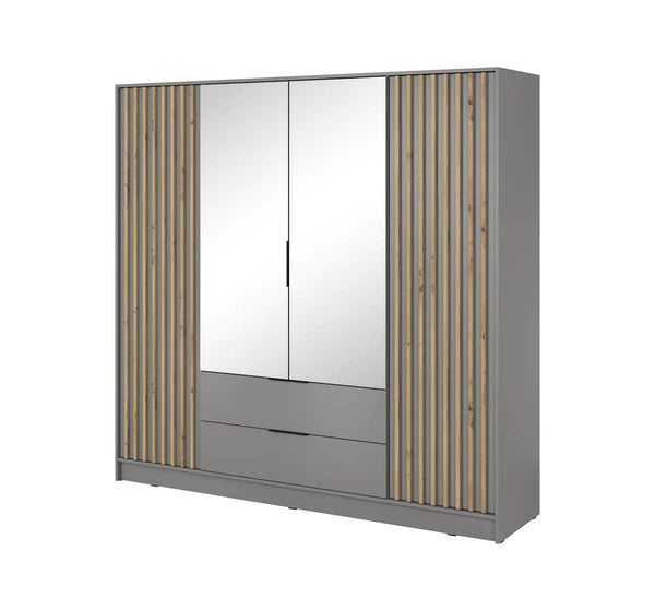 Nezliva Black Striped Polished Wooden Mirror Wardrobe with 4 Doors and 2 Drawers 206cm