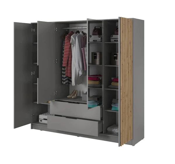 Nezliva Black Striped Polished Wooden Mirror Wardrobe with 4 Doors and 2 Drawers 206cm