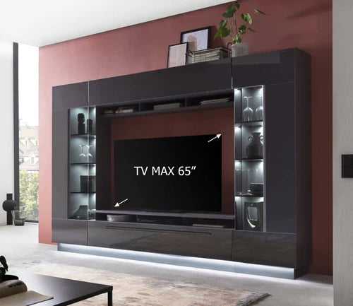 Levvrazae Glamorous Entertainment Center with Plentiful Display Cabinets and Radiant LED Lights